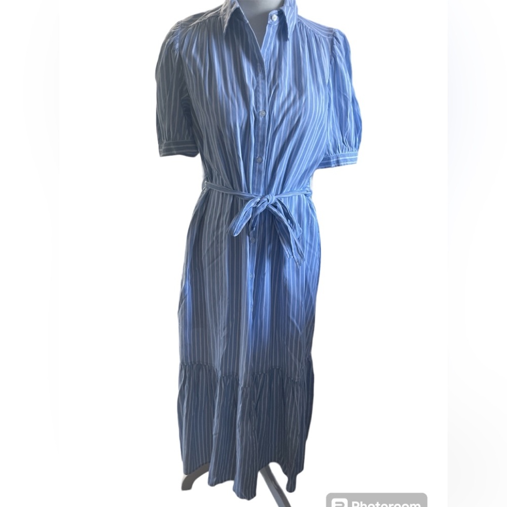 Chic Blue Striped Shirt Dress with Belt and Ruffle Hem - Size XS